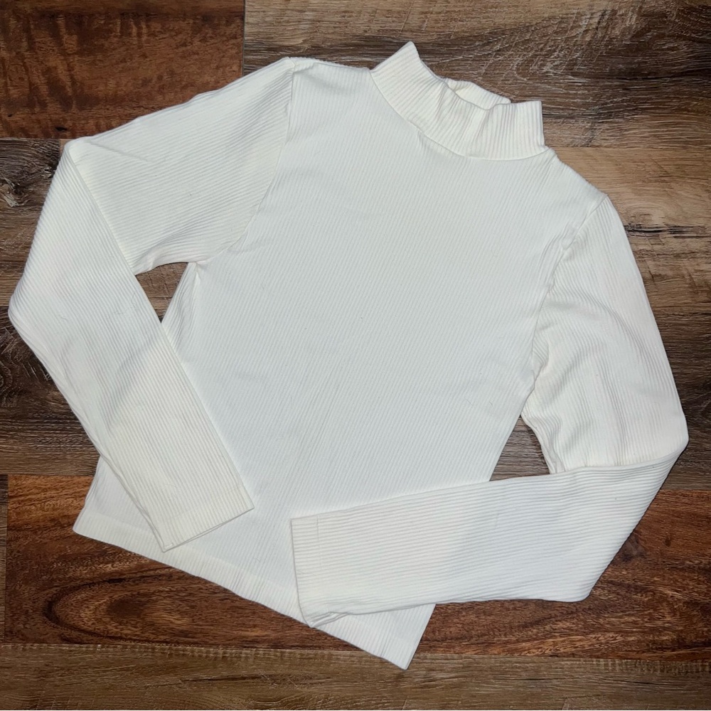 Aura Womens Ribbed Mock Neck Long Sleeve Top - White, Size M/L